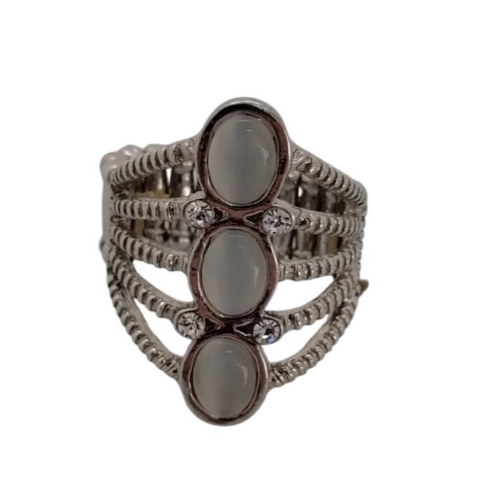 Silver-Tone Statement Ring With 3 Oval White Stones and Adjustable Stretch Band